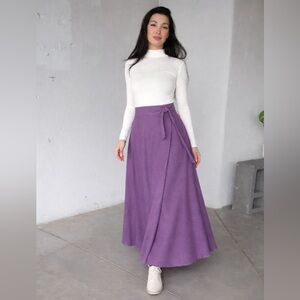 LINEN WRAP SKIRT PURPLE VIOLET SMALL MAXI FLOOR LENGTH BELGIUM POCKETS